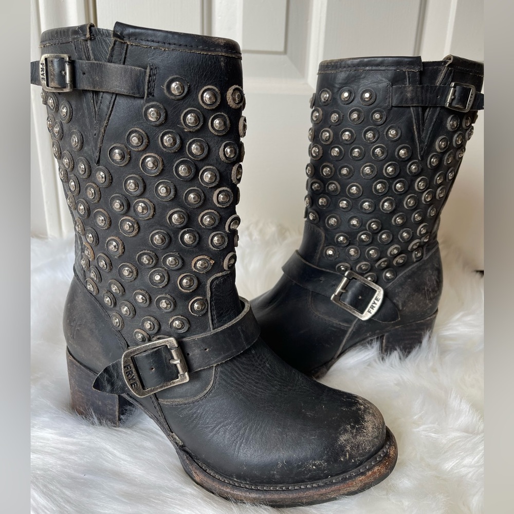 Frye Black Studded Leather Harness Boots